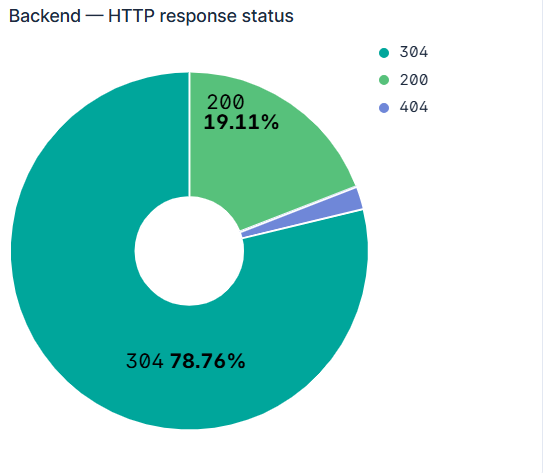HTTP response status donut: 304 at 78.76%, 200 at 19.11%, 404 present