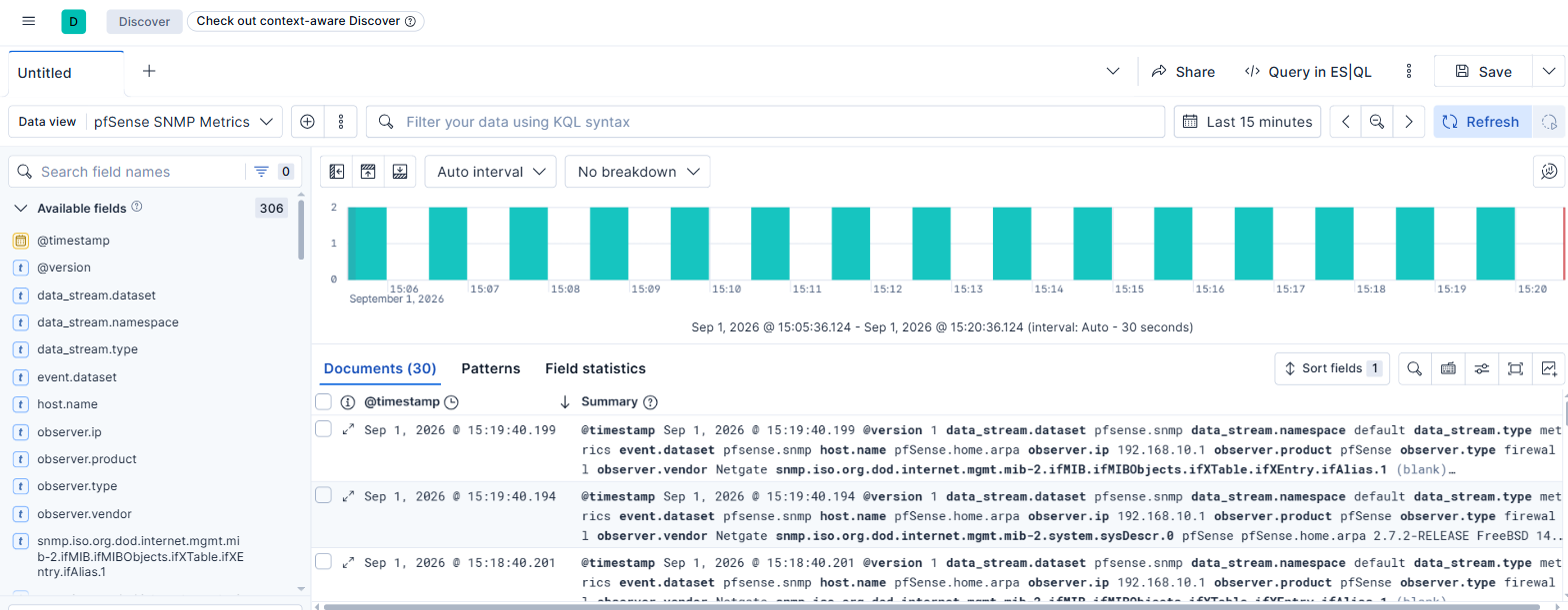 Live SNMP documents in Discover, showing observer.ip, sysDescr, and steady one-doc-per-minute ingestion