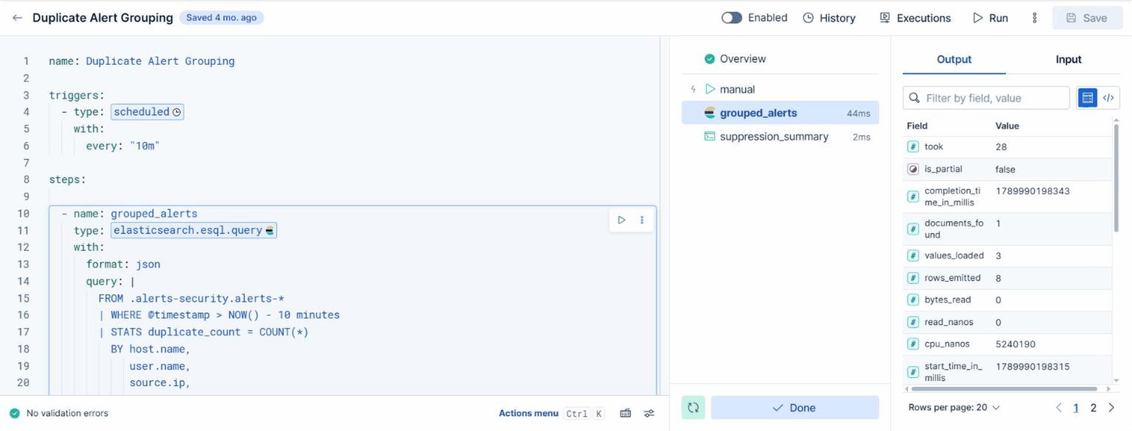 grouped_alerts output: took 28, is_partial false, documents_found 1, values_loaded 3, rows_emitted 8