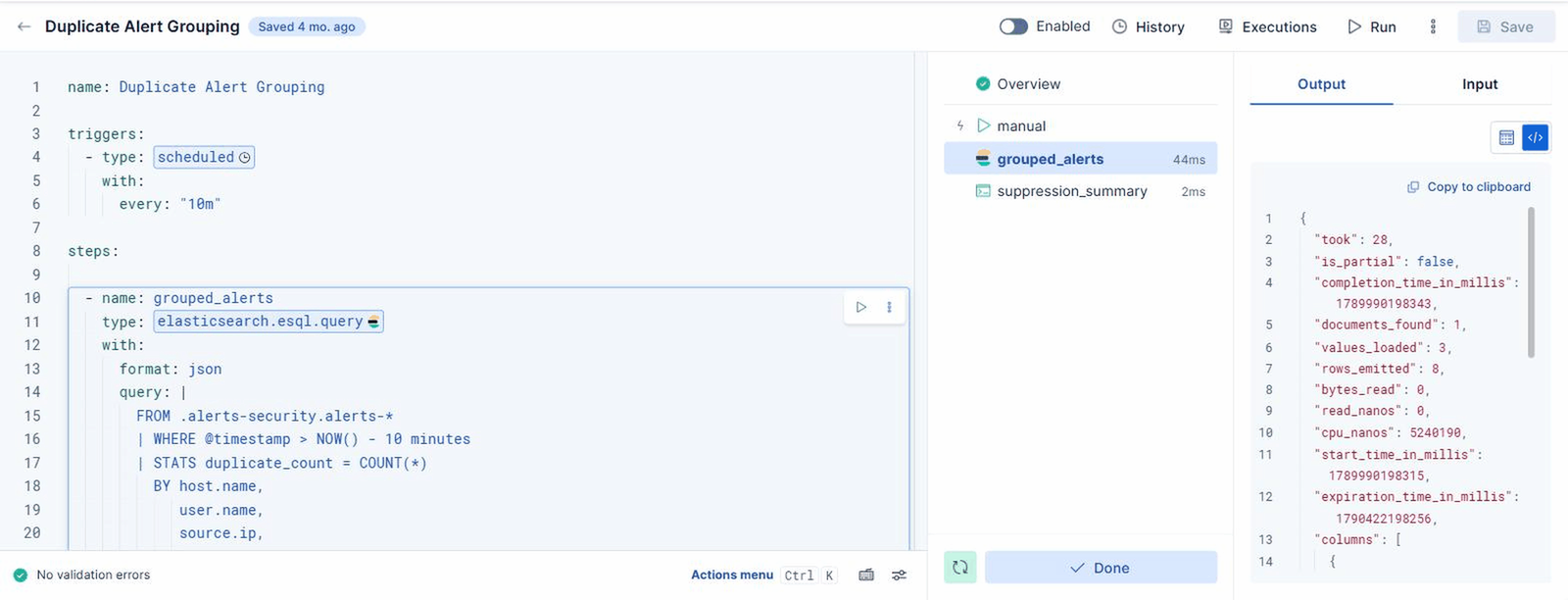 The same output as JSON, including the columns array with a name and type per column