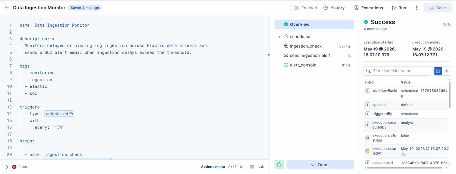 Data Ingestion Monitor: a scheduled run succeeded in 2s — ingestion_check 537ms, send_ingestion_alert 1s, alert_console 81ms