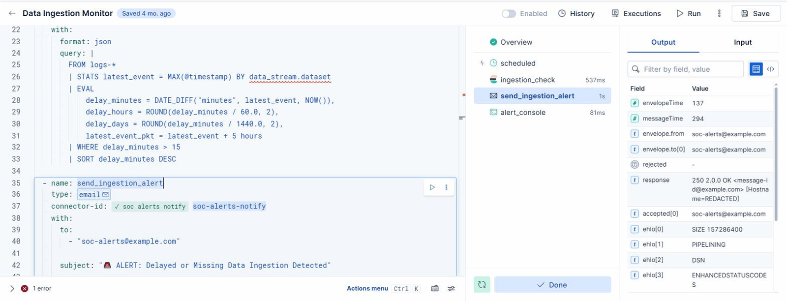 The send_ingestion_alert step detail, showing the SMTP envelope and a 250 2.0.0 OK response