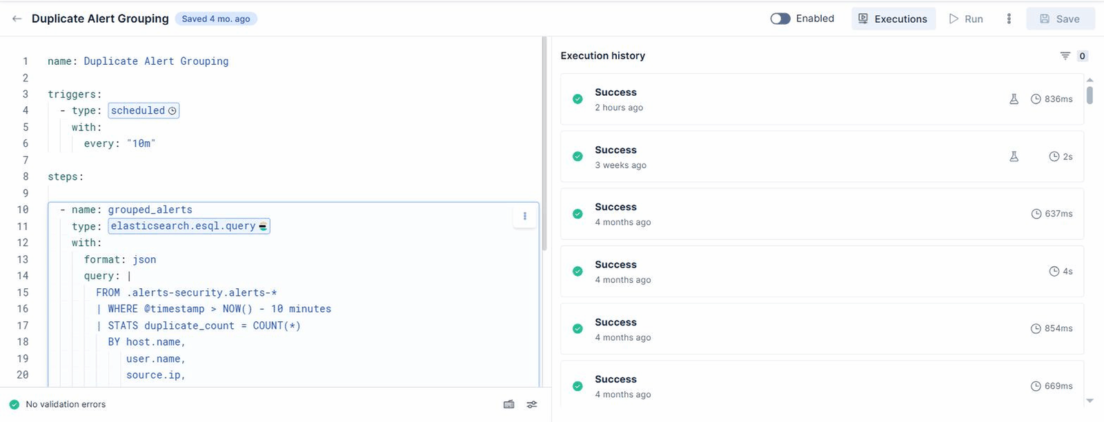 Execution history: today's 836ms run above months of scheduled runs at 508ms–4s