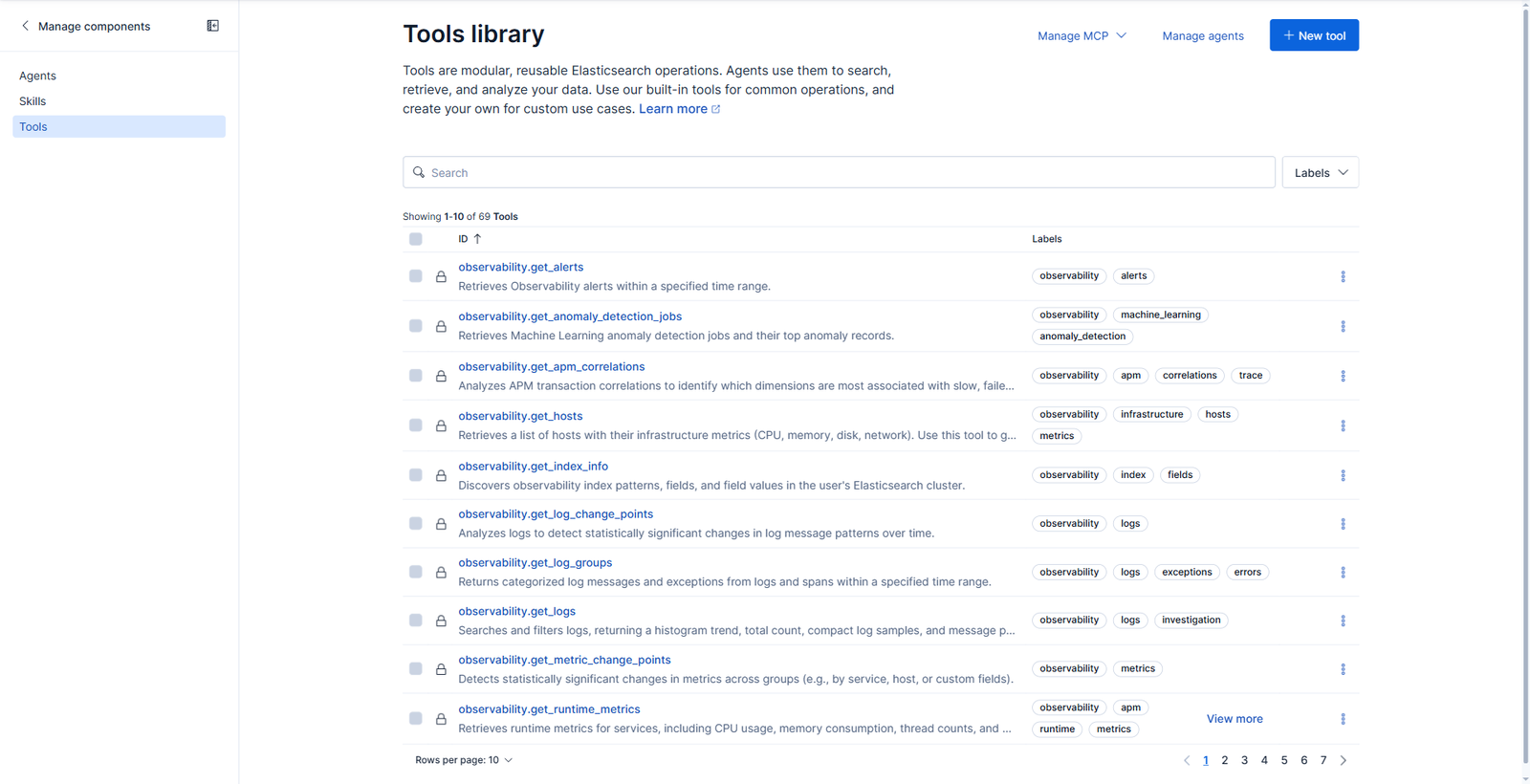 The Agent Builder tools library listing the built-in tools with their labels