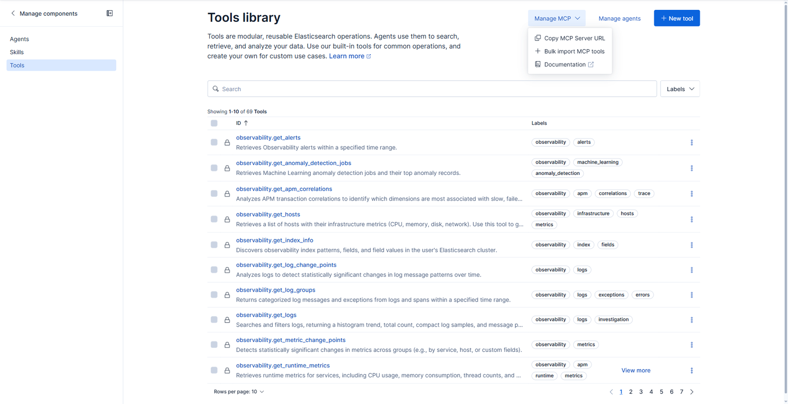 The Manage MCP menu with options to copy the server URL and bulk import tools