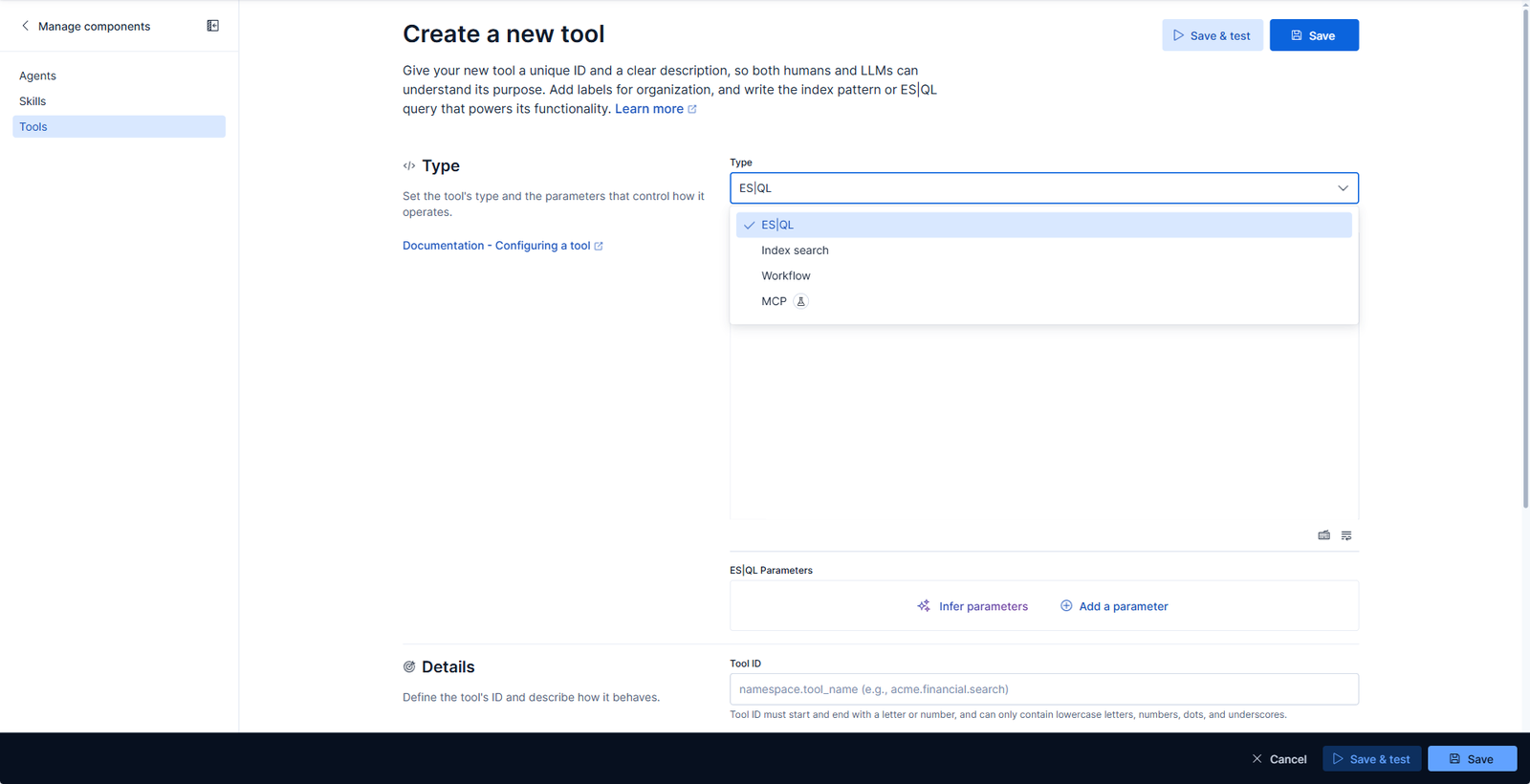 The tool type selector showing ES|QL, Index search, Workflow and MCP options