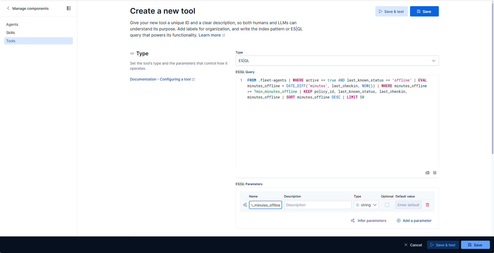 Kibana inferring the min_minutes_offline parameter from the query placeholder
