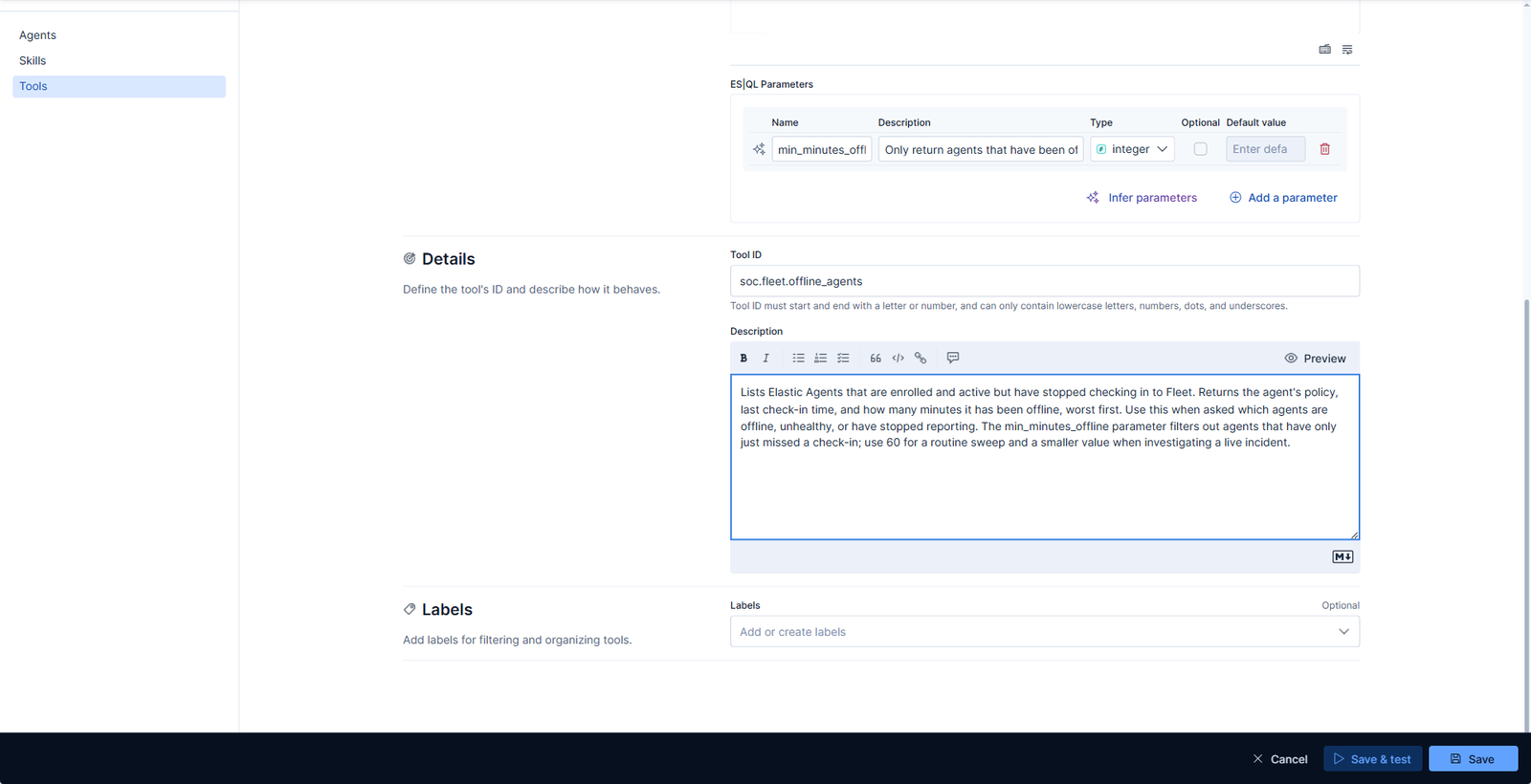 The tool ID and description fields filled in, with the parameter typed as integer
