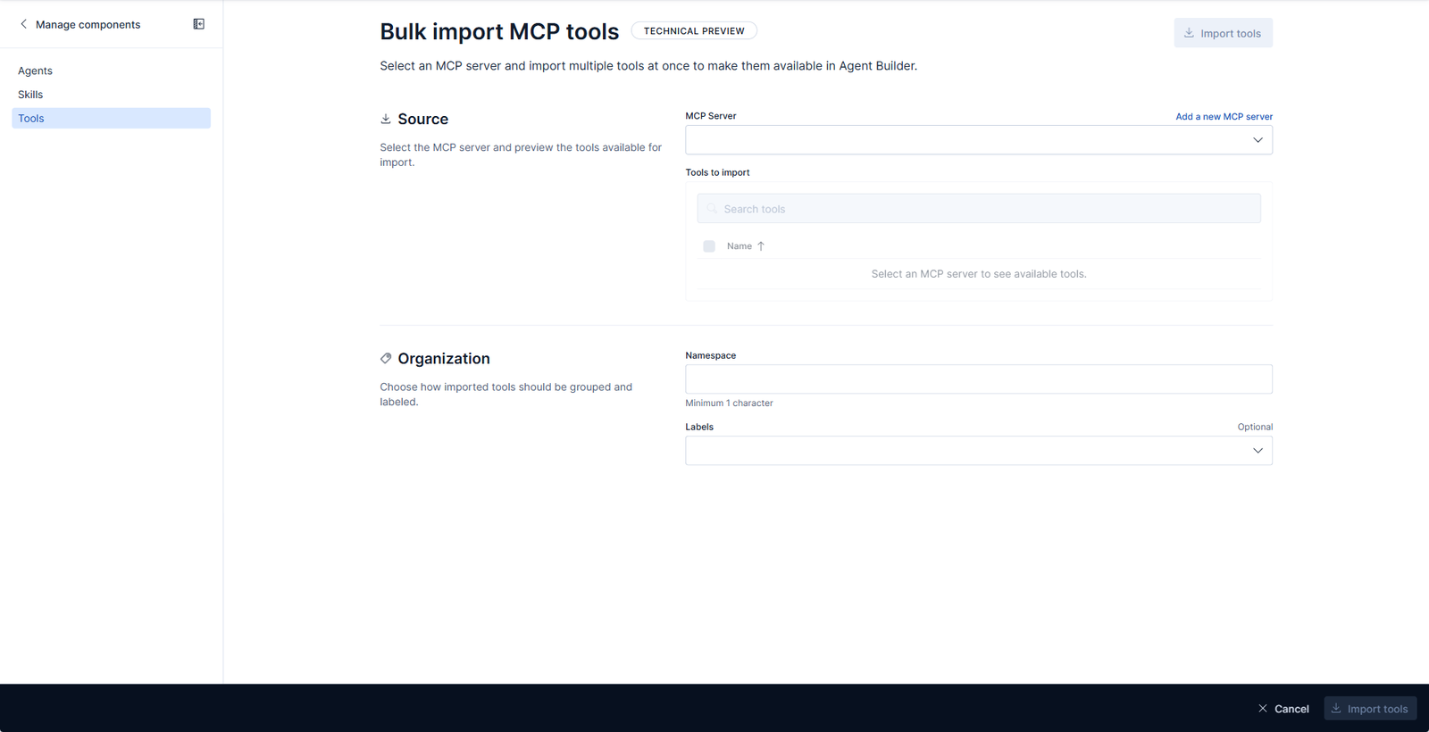 The bulk import screen for registering an external MCP server