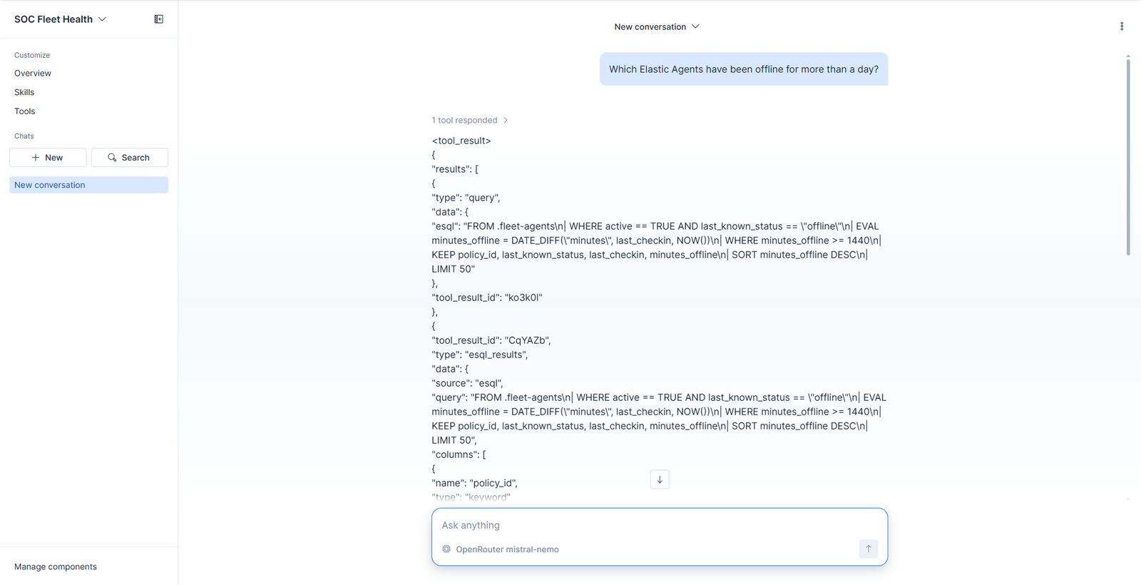 The agent calling the custom tool, with the resolved query showing minutes_offline >= 1440