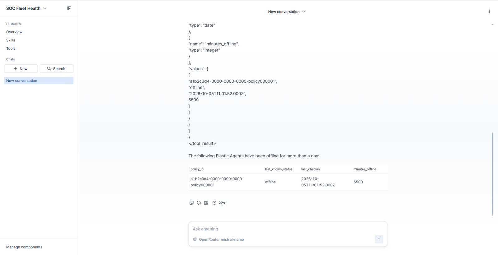 The agent's answer rendered as a table with the offline agent and its minutes offline